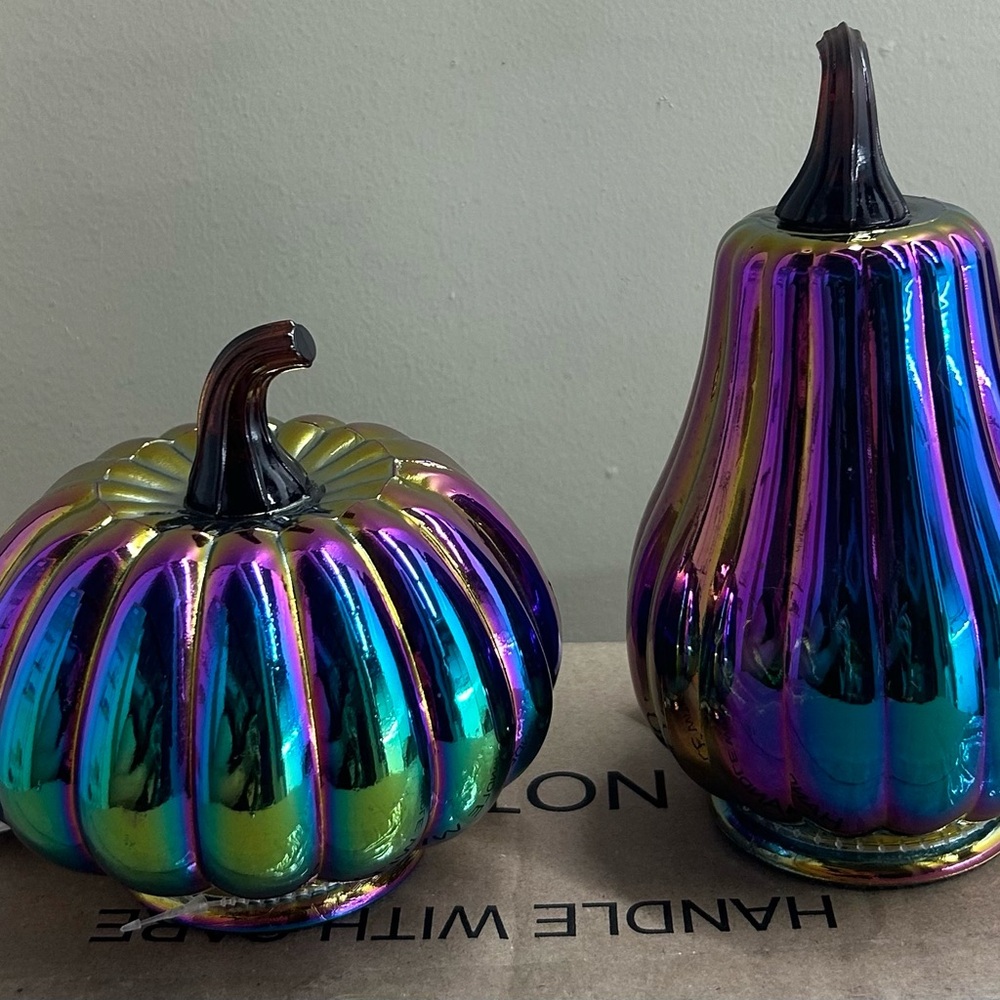 Crescent Dark Iridescent Decorative Colorful Pumpkins Set of 2 Halloween